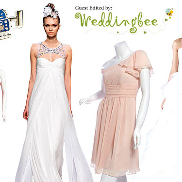 From left: Robot Cuff Links by Ted Baker, Faux-Wrap Maxi Dress by ADAM, Starlight by Monique Lhuillier, One-Shoulder Chiffon Dress by Priscilla of Boston, and Iris Top and Bardot Skirt by Melissa Sweet.