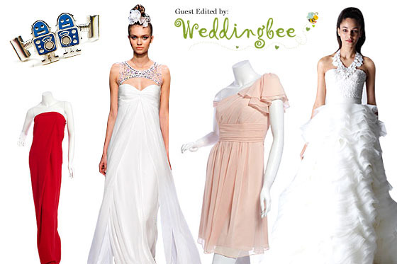 From left: Robot Cuff Links by Ted Baker, Faux-Wrap Maxi Dress by ADAM, Starlight by Monique Lhuillier, One-Shoulder Chiffon Dress by Priscilla of Boston, and Iris Top and Bardot Skirt by Melissa Sweet.