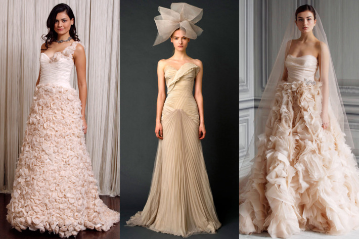 From left: new bridal looks from Badgley Mischka, Vera Wang, and Monique Lhuillier.