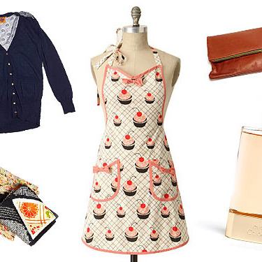 Clockwise from left: Jacy Cardigan by Tory Burch, Baker's Delight Apron, Foldover Clutch by Clare Vivier, Love, Chloé, and Antique Kimono Silk Scarves.