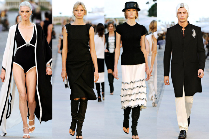 From left: Kristen McMenamy, Karolina Kurkova, Sigrid Agren, and Baptiste Giabiconi. Turban!