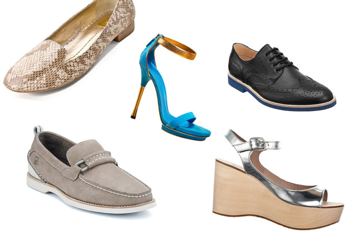 Clockwise, from left: Koko by dv Dolce Vita, Kelis Platform Sandal by Gucci, Wingtip Blucher by CO-OP Barneys New York, Silver Wedge by Belle by Sigerson Morrison, and Seaside Overlay by Sperry Top-Sider.