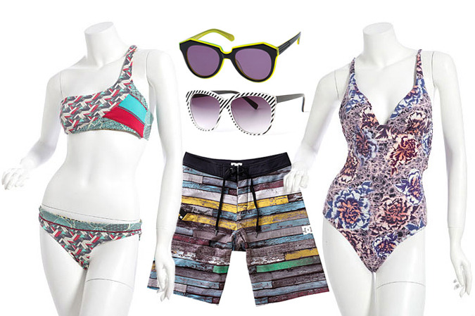 Clockwise from left: One-Shoulder Bandeau Bikini by Maaji, Number One by Karen Walker, Test Pattern Shades, Belle Fille Low Back One-Piece by Seventh Wonderland, and Woodshed Board Shorts by D.C.