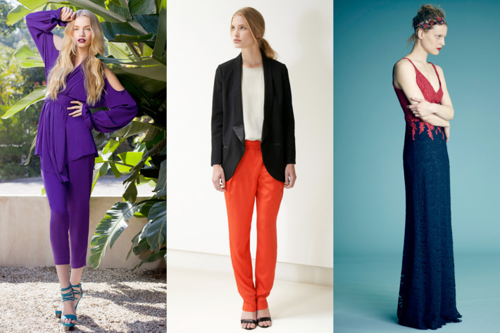 From left: new resort looks from Rachel Zoe, Tibi, and Erdem.