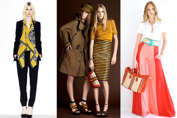 From left: new resort looks from DKNY, Burberry Prorsum, and Carlos Miele.