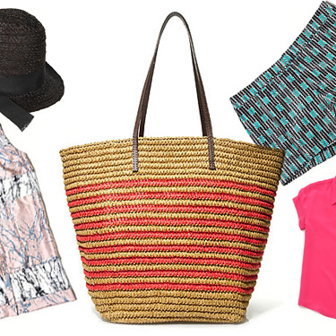 Clockwise from left: Black Fedora by Hat Attack Featuring Tuleste Market, Striped Farmers' Market Tote by J.Crew, Geometric Shorts by Gap, Paolo Top by Rebecca Minkoff, and Vanishing Splice Shirt Dress by ZIMMERMANN