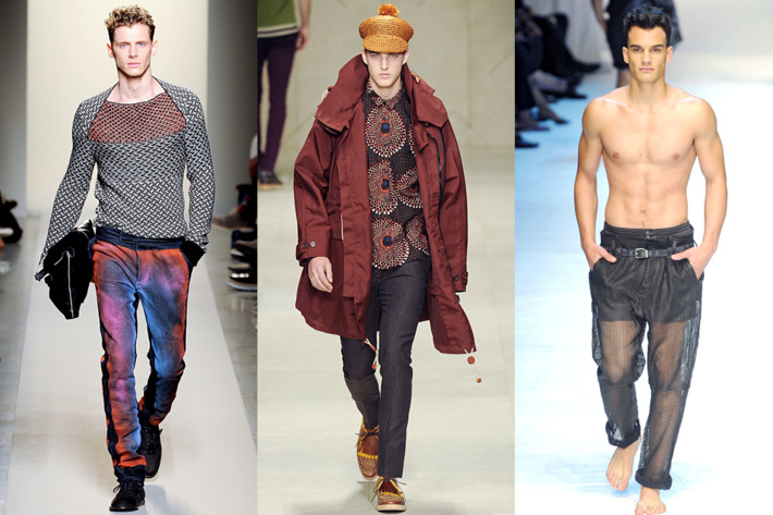 From left: new menswear looks from Bottega Veneta, Burberry, and Dolce & Gabbana.