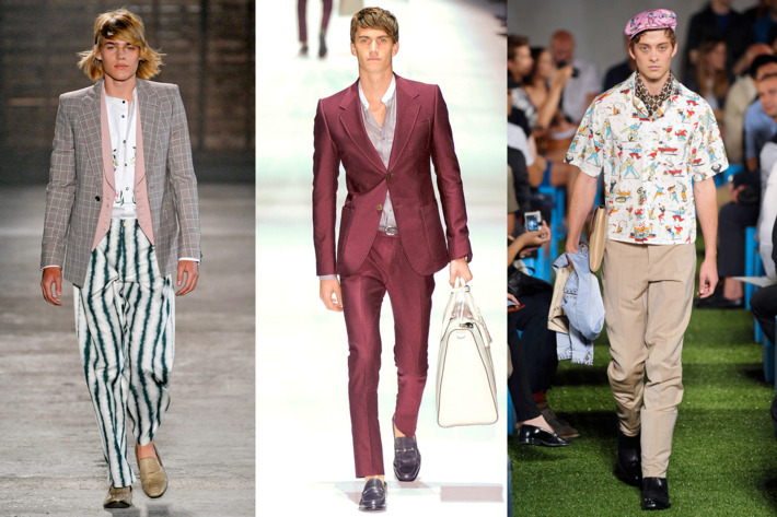 From left: new menswear looks from Alexander McQueen, Gucci, and Prada.