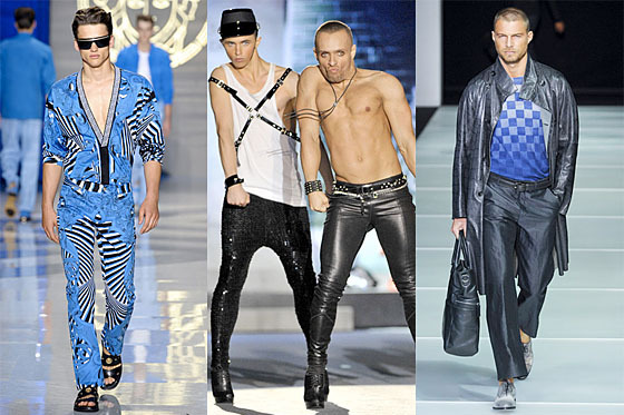 From left: new menswear looks from Versace, DSquared2, and Giorgio Armani.