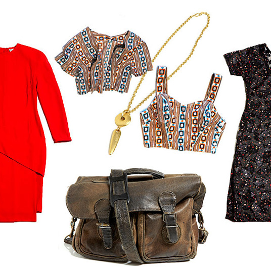 Clockwise from left: Gianni Versace Paneled Dress, Geometric Two-Piece Tank and Bolero Set, Avon Geo Pendant, Metallic Sheer Fan Dress, and Mini Distressed Brown Briefcase.