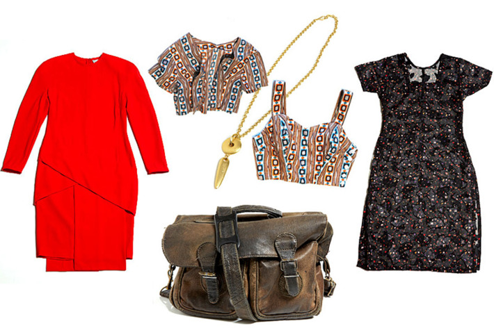 Clockwise from left: Gianni Versace Paneled Dress, Geometric Two-Piece Tank and Bolero Set, Avon Geo Pendant, Metallic Sheer Fan Dress, and Mini Distressed Brown Briefcase.
