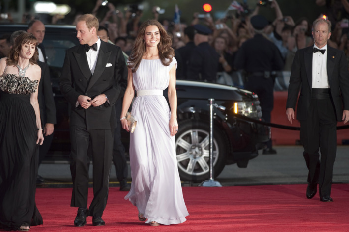 Kate and William arriving at a BAFTA event in L.A. Kate's dress is Alexander McQueen.