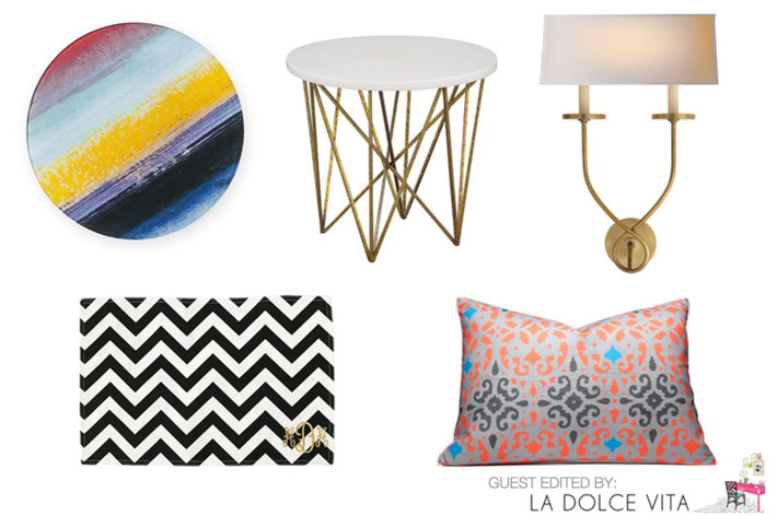 Clockwise from left: Decal Charger by DvF Home, George Side Table, Symmetric Twist Sconce, Linden Pillow by Hammocks and High Tea, and Chevron Place Mat.