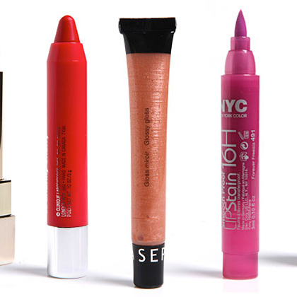 From left: Dolce & Gabbana The Lipstick in Venere, Clinique Chubby Stick in Chunk Cherry, Sephora Glossy Gloss in Maple Syrup, NYC New York Color Smooch Proof Lip Stain in Forever Freesia, and M.A.C. Lustre Lipstick in Musky Amethyst.
