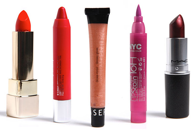 From left: Dolce & Gabbana The Lipstick in Venere, Clinique Chubby Stick in Chunk Cherry, Sephora Glossy Gloss in Maple Syrup, NYC New York Color Smooch Proof Lip Stain in Forever Freesia, and M.A.C. Lustre Lipstick in Musky Amethyst.