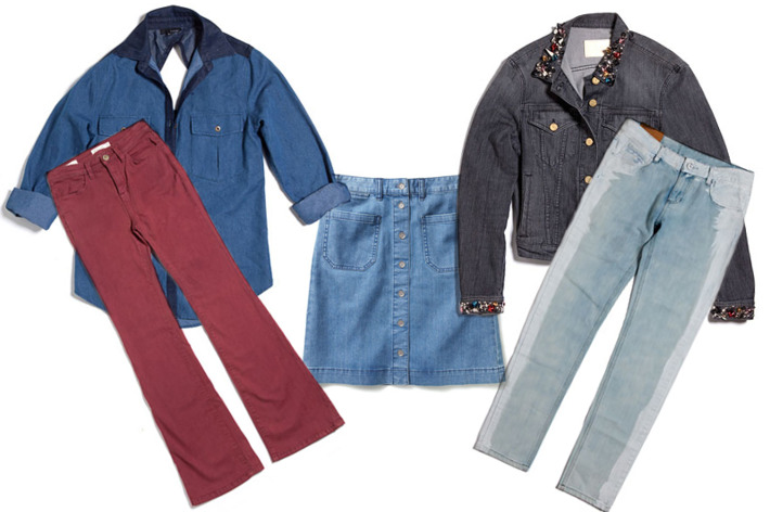 Clockwise from left: Moody Blue Shirt by Lakdah, Mini Studs Jacket by ACNE, Rock & Roll Paint Splattered Jeans by JNBY, Halli Denim Skirt by Club Monaco, and High-Rise Flared Jeans by Silence & Noise.