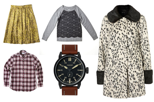 Clockwise from left: Swirls Pleated Skirt by Tibi, Lace Sweatshirt by LOFT, Contrast Dalmation Swing Coat by Topshop, TSOVET Watch, and Plaid Herringbone Button-Down by Odin New York.
