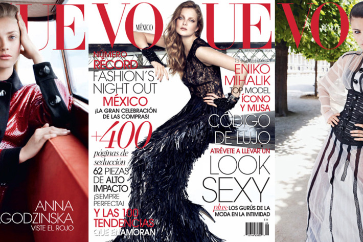 From left: Anna Jagodzinska, Eniko Mihalik, and Isabeli Fontana on the September covers of <em>Vogue</em> Mexico.