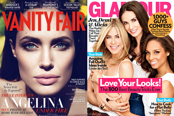 Angelina Jolie's face gets <em>Vanity Fair</em> all to itself, while Jennifer Aniston shares <em>Glamour</em> with Demi Moore and Alicia Keys.
