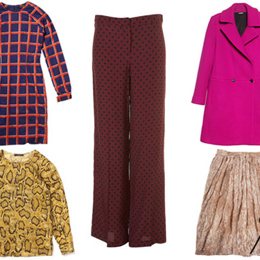 Clockwise from left: Sheath Dress by Timo Weiland, Polka Dot Wide Leg Trousers by Topshop, Double Breasted Wool Coat by DKNY, Nanette Skirt by Club Monaco, and Silk Python Blouse by Etro