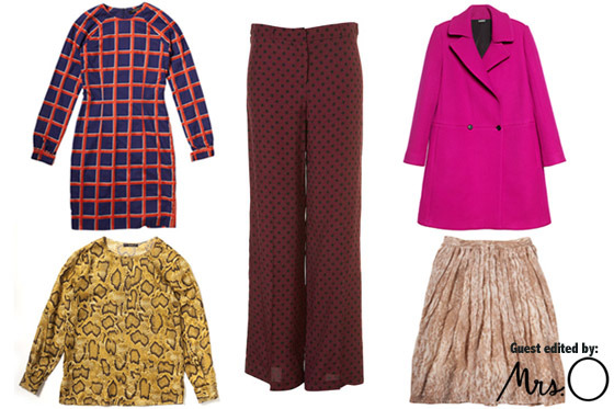 Clockwise from left: Sheath Dress by Timo Weiland, Polka Dot Wide Leg Trousers by Topshop, Double Breasted Wool Coat by DKNY, Nanette Skirt by Club Monaco, and Silk Python Blouse by Etro