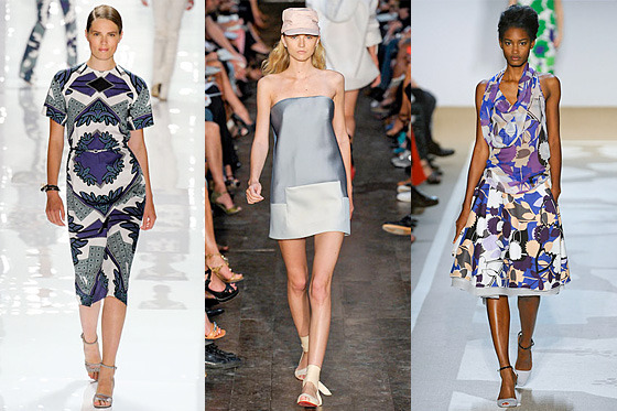 From left: New spring looks from Derek Lam, Victoria Beckham, and Diane Von Furstenberg.