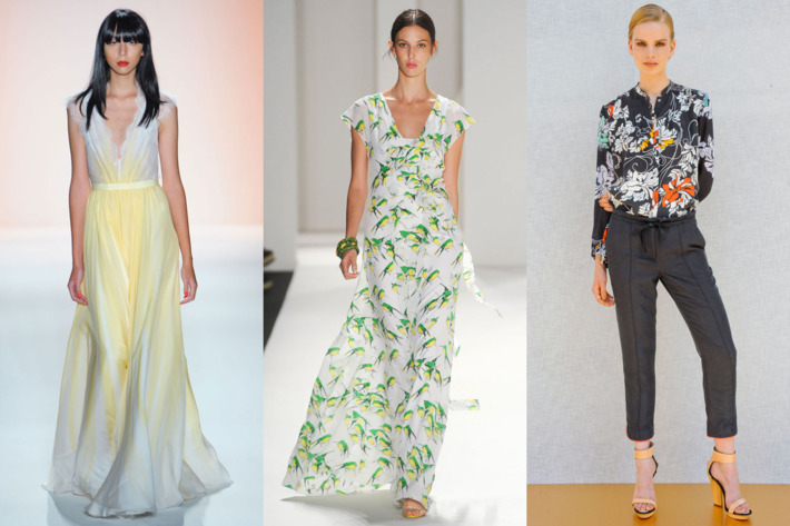 From left: spring looks from Jenny Packham, Carolina Herrera, and Rachel Roy