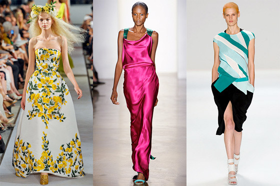 From left: new spring looks from Oscar de la Renta, Sophie Theallet, and Narciso Rodriguez.