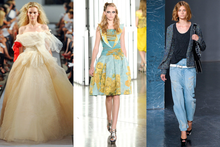 From left: spring looks from Oscar de la Renta, Rodarte, and Theyskens' Theory.