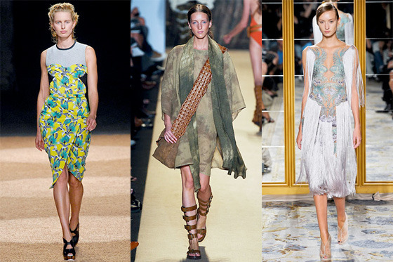 From left: spring looks from Proenza Schouler, Michael Kors, and Marchesa.