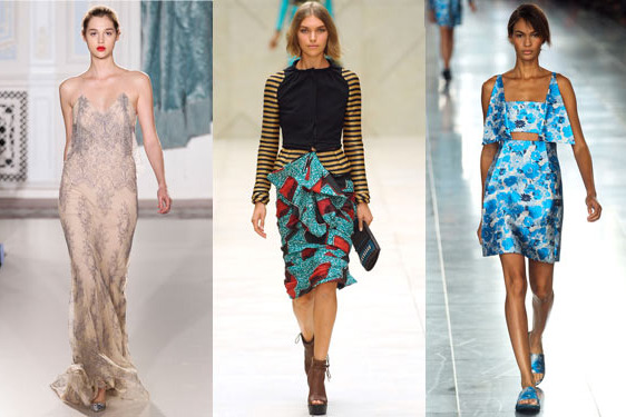 From left: new spring looks from Christopher Kane, Burberry, and Erdem.