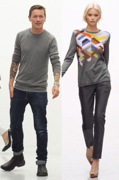 Alisdair Carr takes a bow; Abbey Lee on the Pringle runway (right).