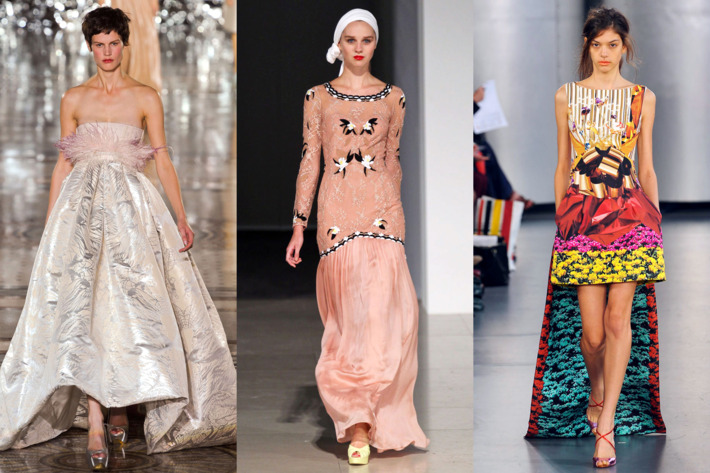 From left: new spring looks from Giles Deacon, Temperley London, and Mary Katrantzou.