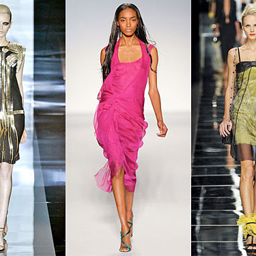 From left: Spring looks from Gucci, Alberta Ferretti, and John Richmond.