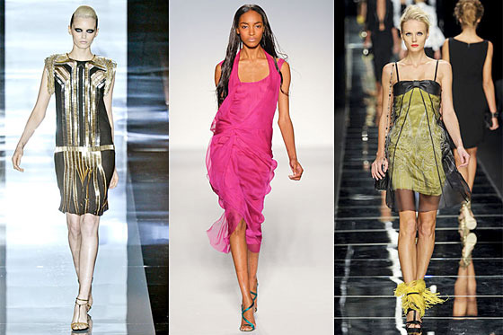 From left: Spring looks from Gucci, Alberta Ferretti, and John Richmond.