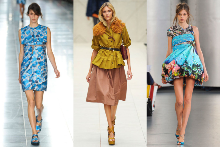 From left: spring looks from Christopher Kane, Burberry, and Mary Katrantzou