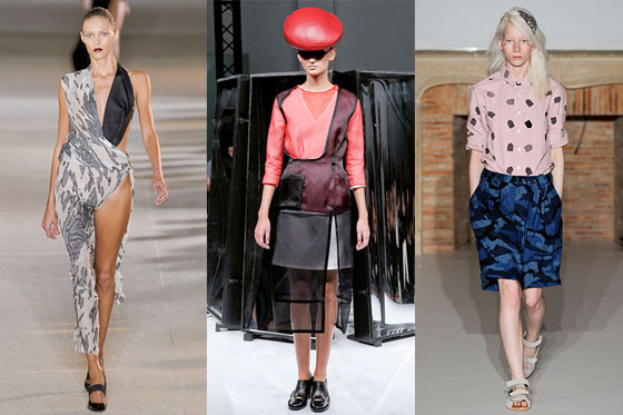 From left: spring looks from Anthony Vaccarello, Aganovich, and Julien David.