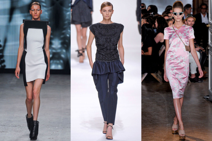 From left: new spring looks from Gareth Pugh, Dries Van Noten, and Rochas.