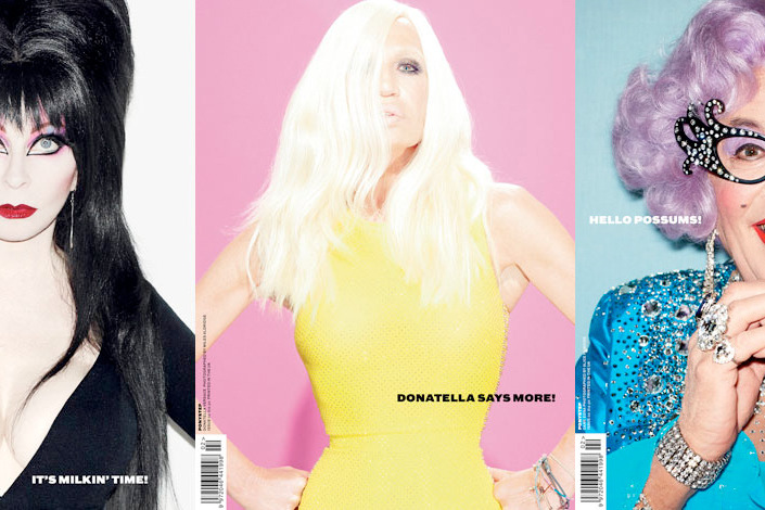 <em>Ponystep</em>'s three fall covers, starring Elvira, Donatella Versace, and Dame Edna.