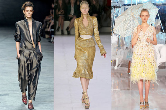 From left: spring looks from Haider Ackermann, Alexander McQueen, and Louis Vuitton.