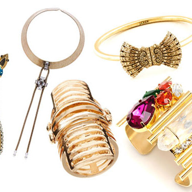 From left: Mismatched Drop Earrings by Iosselliani, Bailey Crystal Collar by Auden, Cut-Out Articulated Armour Ring by ASOS, Deco Bow Bangle by J.Crew, and Chelsea Cuff by Flutter by Jill Golden.