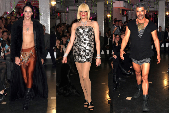 From left: Johnny Weir, Victoria Falls, and Mike Ruiz at New Jersey Fashion Week.
