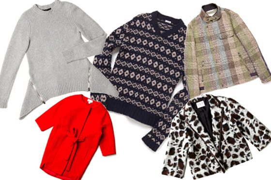 Clockwise from left: Front Sleeve Pullover with Zip Back Peplum by Alexander Wang, Crossover V-neck by Steven Alan, Deck Jacket by rag & bone, Leopard Felt Jacket by SEA NY, and Boiled Wool Coat by H&M.