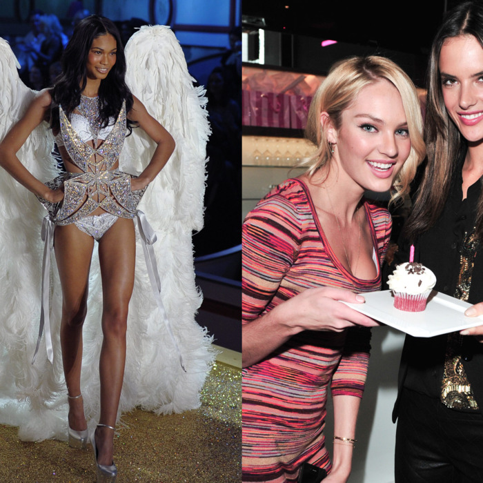 Chanel Iman at last year's show, and Candice Swanepoel and Alessandra Ambrosio at a brunch last month.