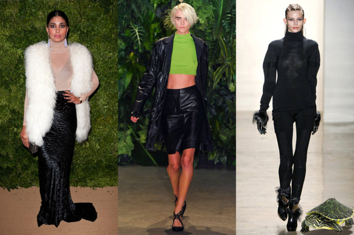 Rachel Roy in a Celine top; a spring runway look by Altuzarra; and a fall runway look by Ohne Titel.