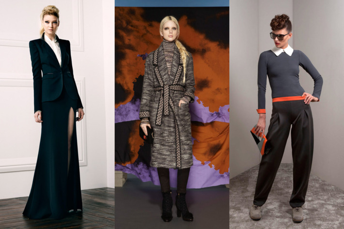 From left: new pre-fall looks from Rachel Zoe, Missoni, and Giorgio Armani.