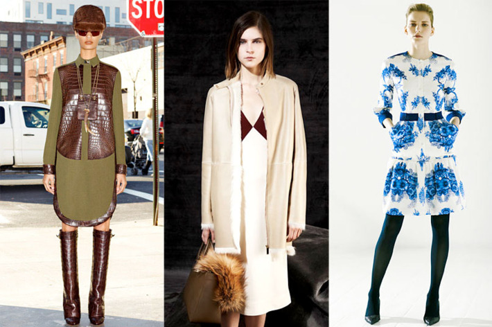 From left: new pre-fall looks from Givenchy, The Row, and Preen.