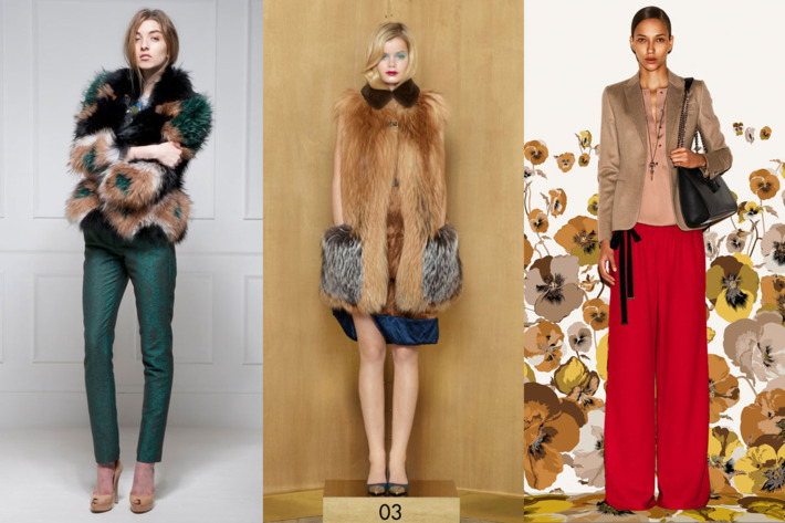 From left: new pre-fall looks from Matthew Williamson, Louis Vuitton, and Gucci.