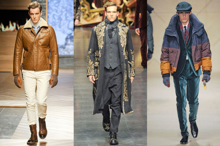 From left: new fall looks from Ermenegildo Zegna, Dolce & Gabbana, and Burberry.