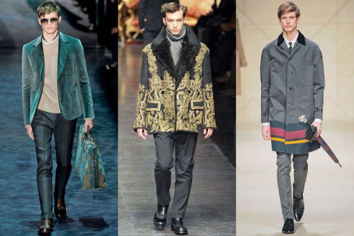 From left: new menswear looks from Gucci, Dolce & Gabbana, and Burberry.